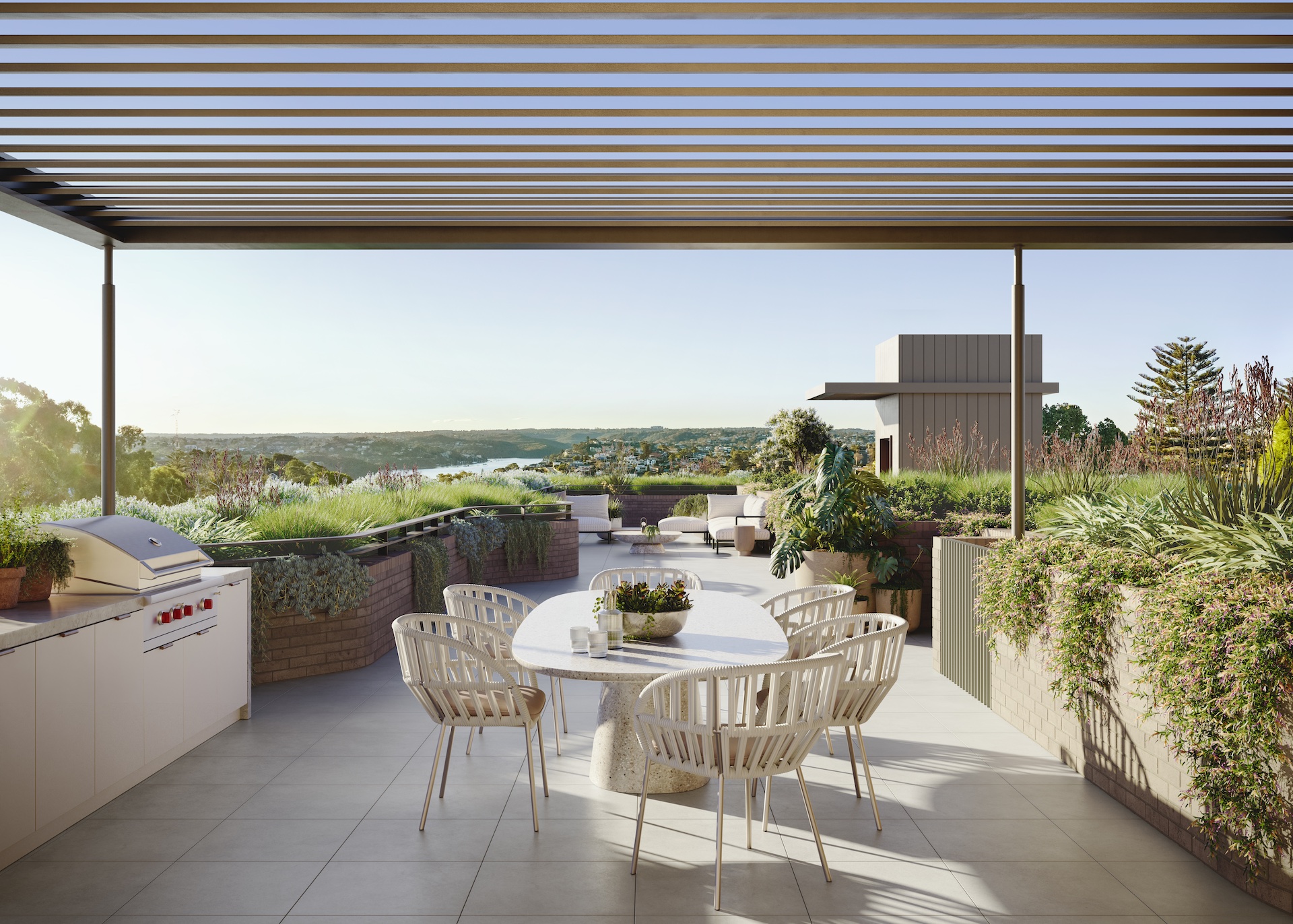 Outdoor terrace with harbour views